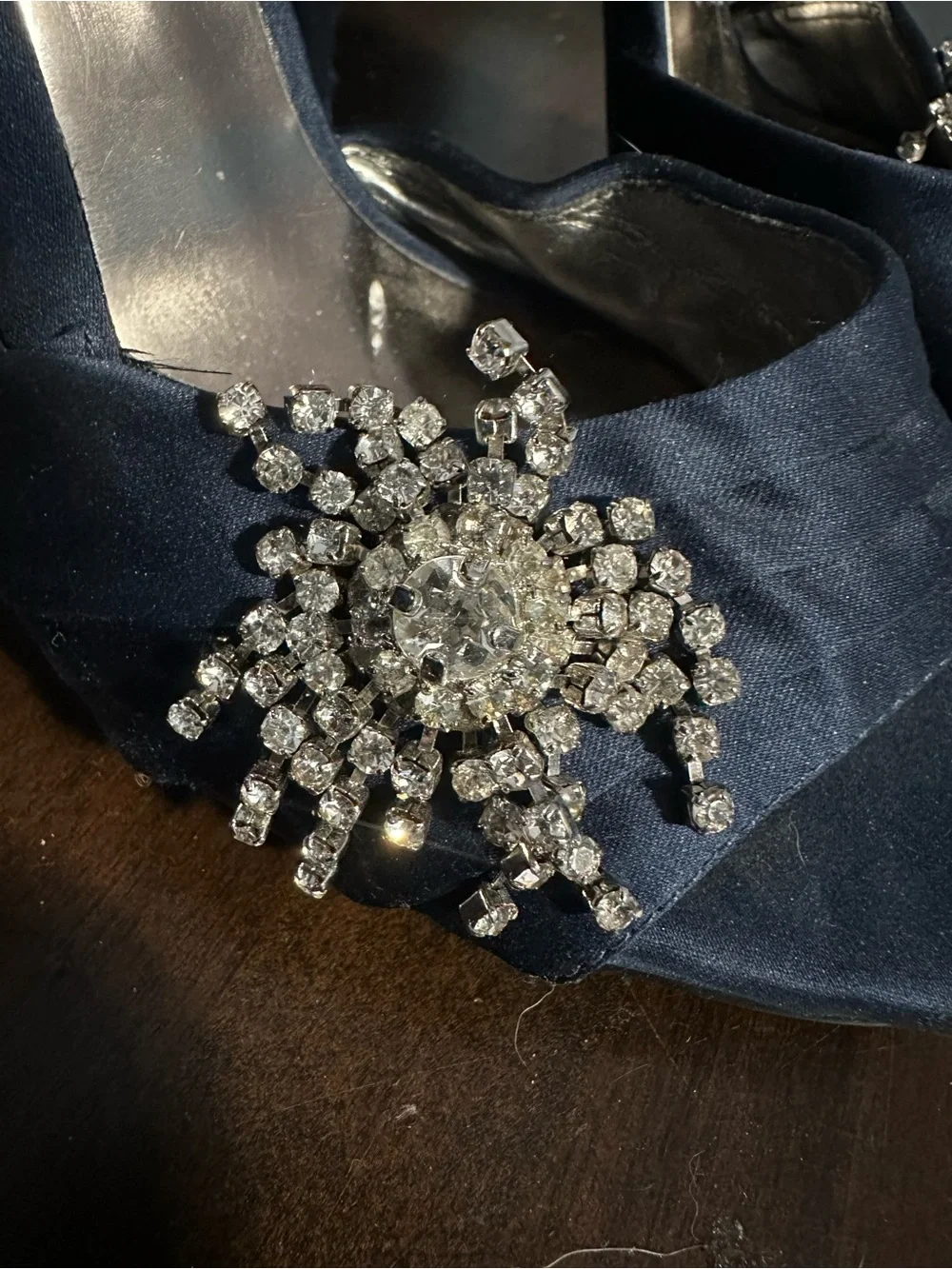 GUESS Navy Satin Crystal Brooch Peep-Toe Stilettos